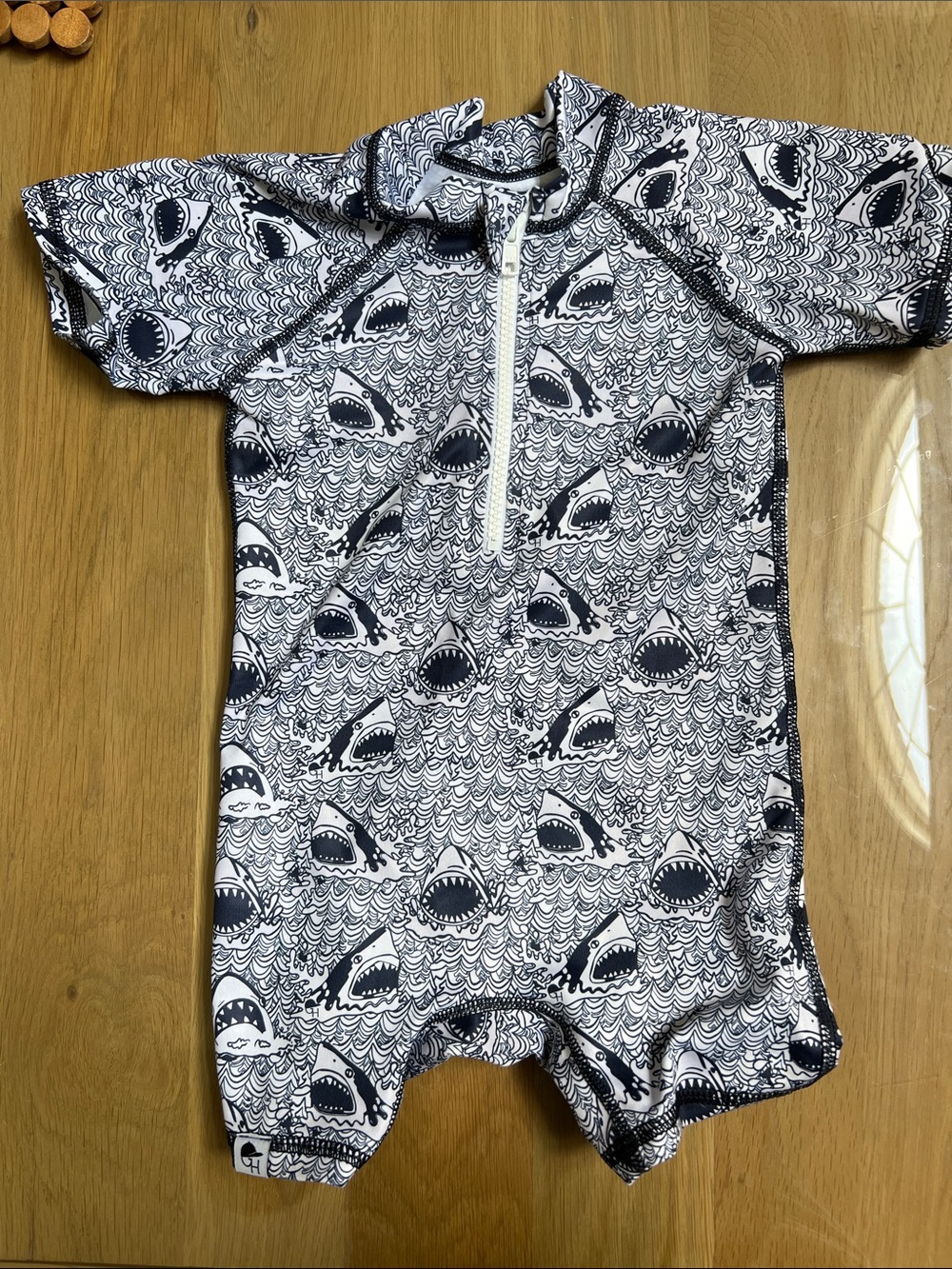 Kids Short-Sleeve Shark-Print Swim One-Piece - Navy & White